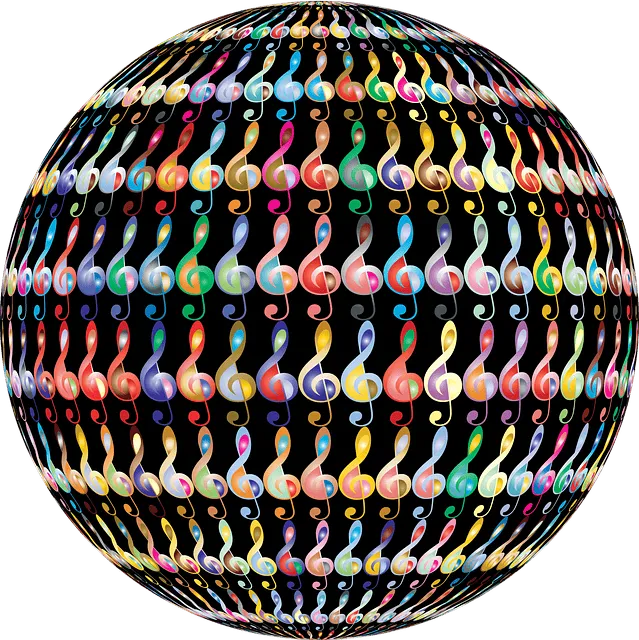 Colorful musical notes pattern on black spherical background, representing music streaming, music industry, and digital music