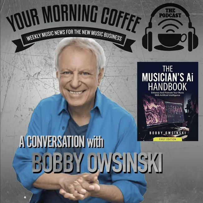 Bobby Owsinski engaging in a podcast interview about music industry innovations and AI music tools, promoting the "Musician's