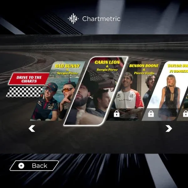 Drive to the charts featuring racing drivers and team members on a dynamic digital background, emphasizing motorsport brandin