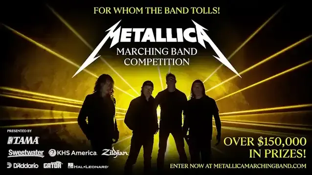 Metallica marching band competition promotional poster with silhouettes of band members and golden stage lighting, emphasizin