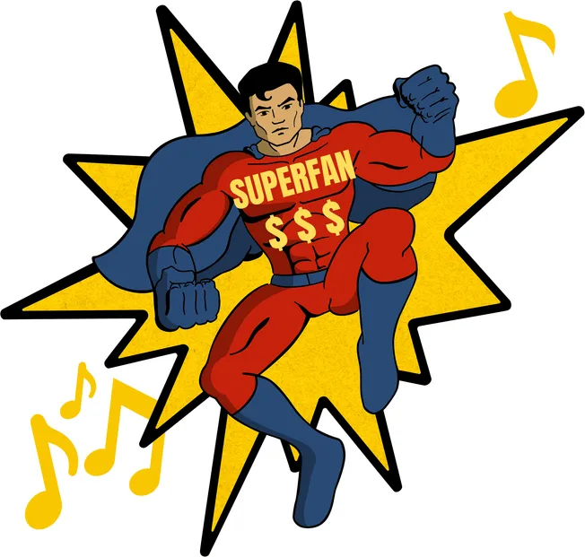 Superhero cartoon character with a "Superfan" costume, comic book style illustration, representing music fans and entertainme