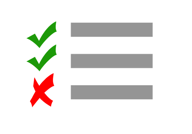 Checkmark icons indicating completed tasks with green ticks and an error with a red cross. The background is light green with
