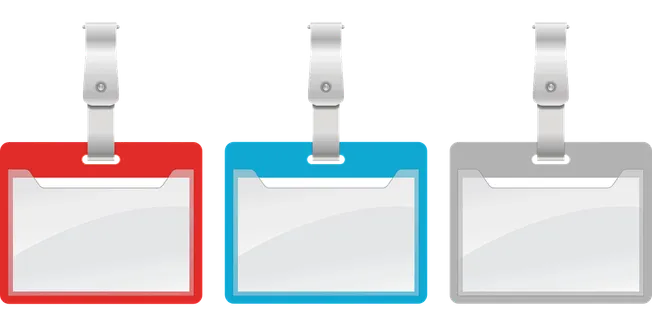 Red, blue, gray conference badge holders on pink background, LED color indicators, event credential holders, ID badge clips,