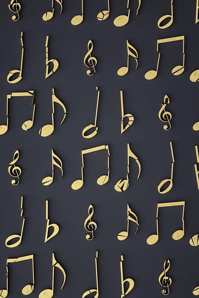 Shiny gold musical notes and symbols on a dark background representing music, rhythm, and sound for music industry branding a