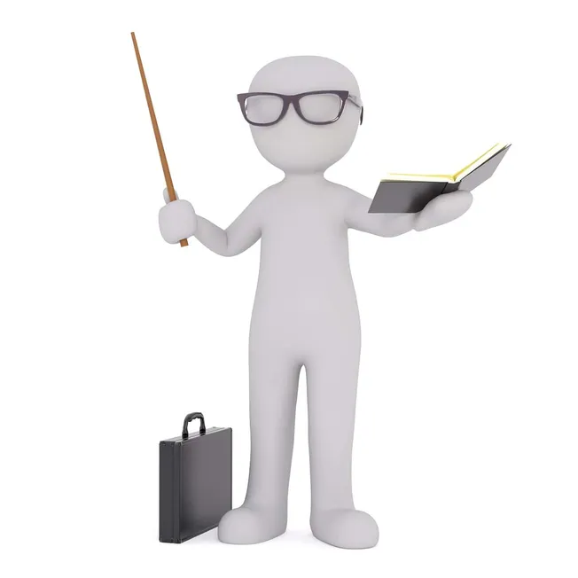 Modern 3D character with glasses holding a book and a pointer, standing next to a briefcase, representing education, knowledg