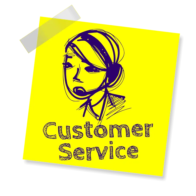 Customer service illustration with a stylized female operator wearing a headset on a yellow sticky note background.