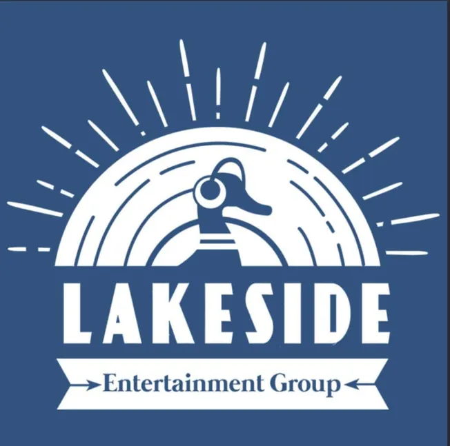 Lakeside Entertainment Group logo featuring a stylized duck with headphones, sun rays, and bold lettering, representing a dyn