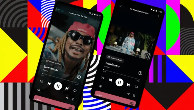 Mr. money with the vibe music app screenshots showcasing the song "Terminator" by Asake on a vibrant, colorful background wit