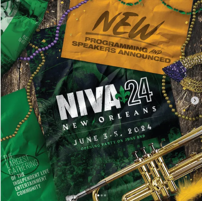 Festival celebration flyers and Mardi Gras beads promoting NOLA 24 New Orleans music festival, featuring brass instruments, c