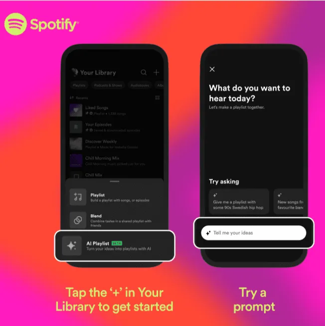 Playlist creation on Spotify app showing AI playlist feature for personalized music suggestions.