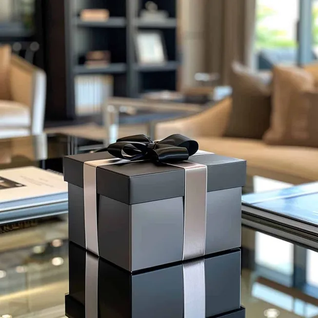 Elegant black gift box with silver ribbon and bow on reflective glass table, modern interior with bookshelves and living room