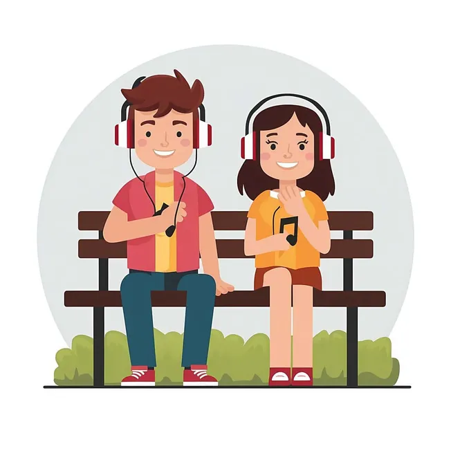 Young couple enjoying music on a park bench, listening to headphones and holding smartphones with musical notes, representing