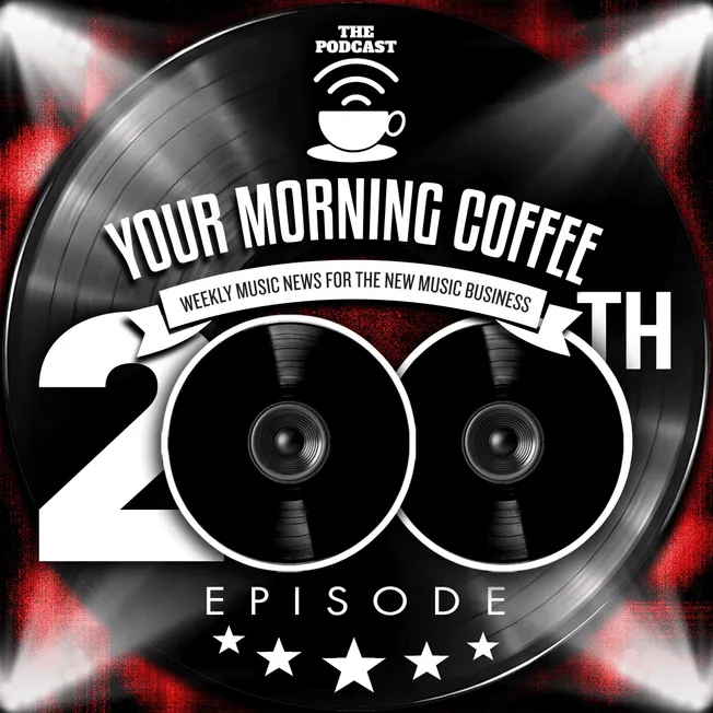 Broadcast podcast cover with vinyl records, coffee cup icon, and music news theme, emphasizing music industry updates and new