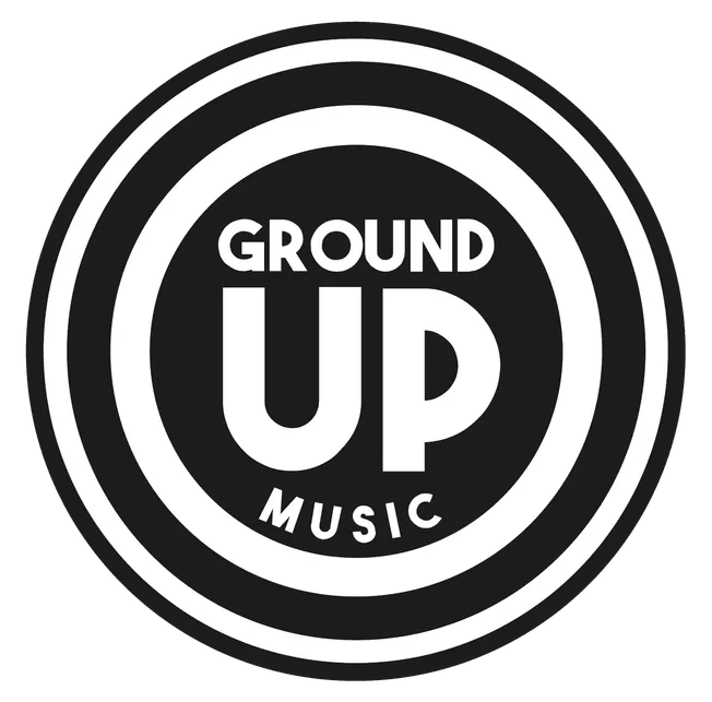 Ground up music logo, black and white circular emblem, promoting independent music, music industry branding, Ground Up Music