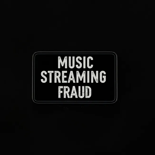 Fraudulent music streaming warning sign with dark background, emphasizing issues of music streaming fraud, digital security,