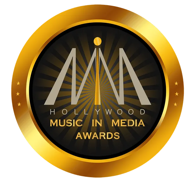 Golden Hollywood Music in Media Awards logo featuring a sleek black and gold circular design with stylized "H" and "M" letter