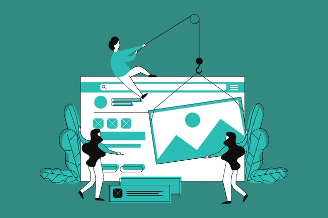Modern digital marketing concept illustration with people working on a social media or website interface, emphasizing content