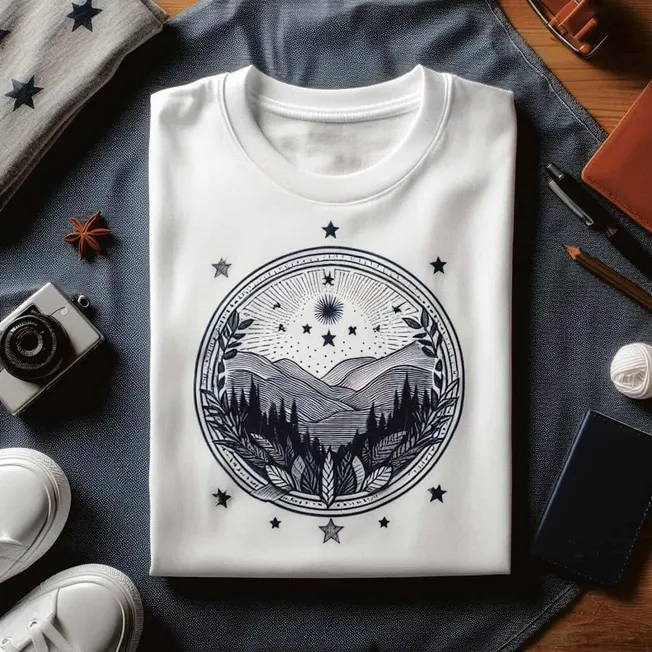 Vivid mountain landscape illustration on a white T-shirt with celestial elements, surrounded by photography gear and accessor