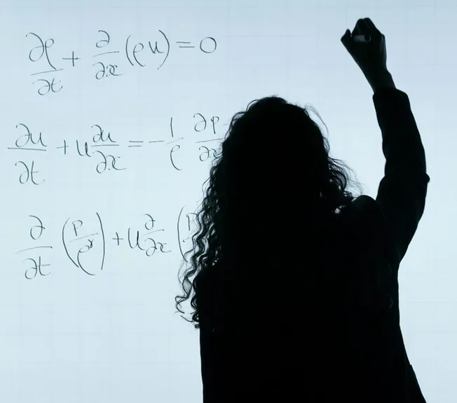 Mathematician solving complex equations on a whiteboard, illustrating advanced mathematical concepts and research.
