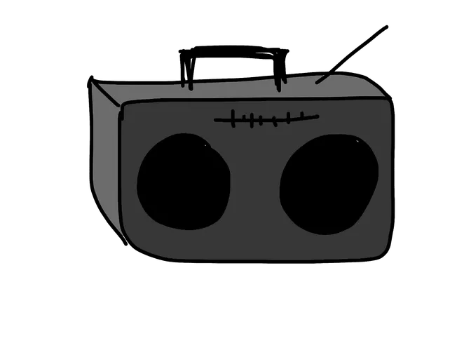 Portable boombox with speakers and antenna, illustrated in a hand-drawn style, representing music and audio equipment commonl