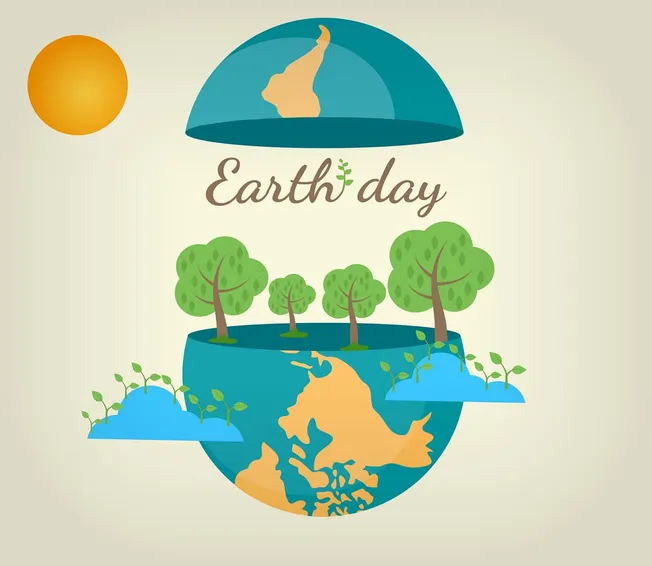 Earth Day illustration with trees, globe, and eco-friendly elements promoting environmental awareness and sustainability.
