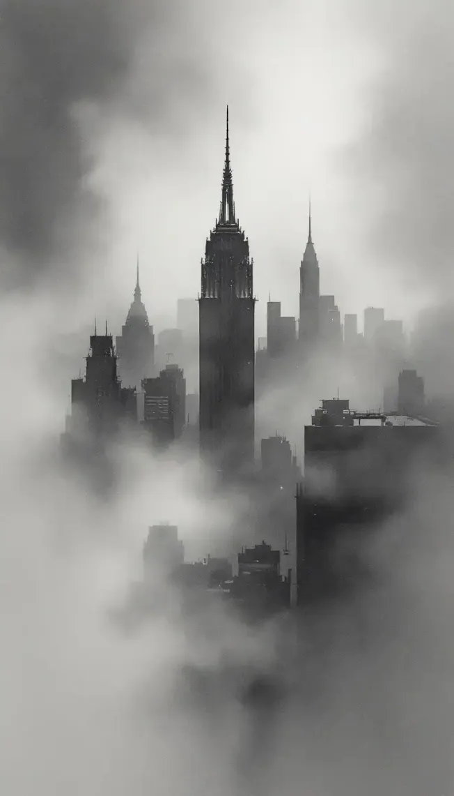 Gray-scale cityscape of New York City skyscrapers shrouded in fog, featuring the Empire State Building, creating a mysterious