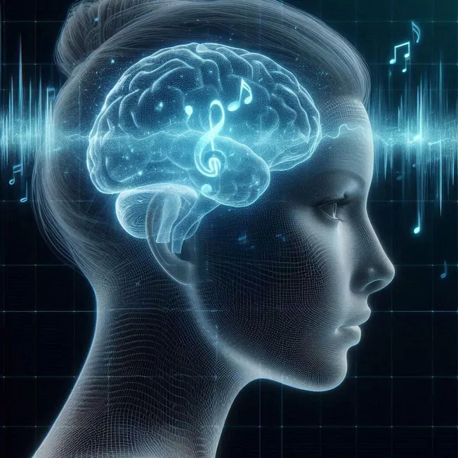 Brain with musical notes and sound wave digital rendering, artificial intelligence and neural networks for music processing,