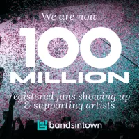 Bandsintown logo celebrating 100 million fans, music fans, concert support, artist promotion, music industry, fan engagement,