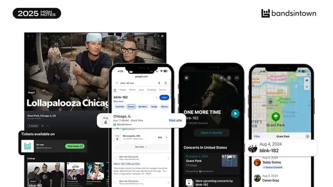 Live concert tickets for blink-182's Chicago show at Grant Park on August 4, 2024, available on Bandsintown app.