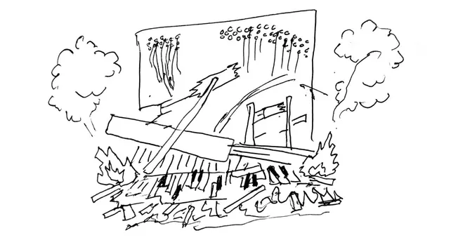 A sketch of a destroyed concert stage with broken pianos, scattered debris, and smoke, highlighting concert accident or stage