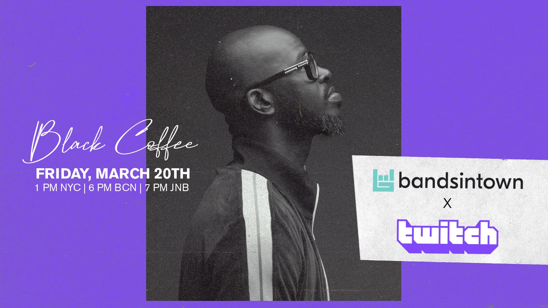 A promotional graphic for a Twitch and Bandsintown event featuring a side profile of a bearded man wearing glasses, with event details including date and times, set against a purple background.