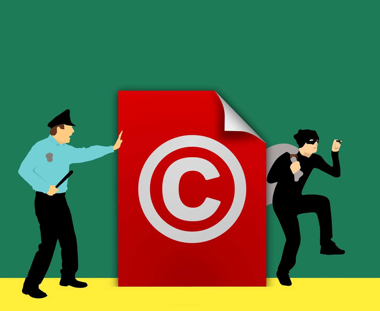 Copyright infringement illustration highlighting the importance of respecting intellectual property rights. The image depicts a police officer stopping a thief attempting to steal copyrighted content, emphasizing copyright protection awareness.