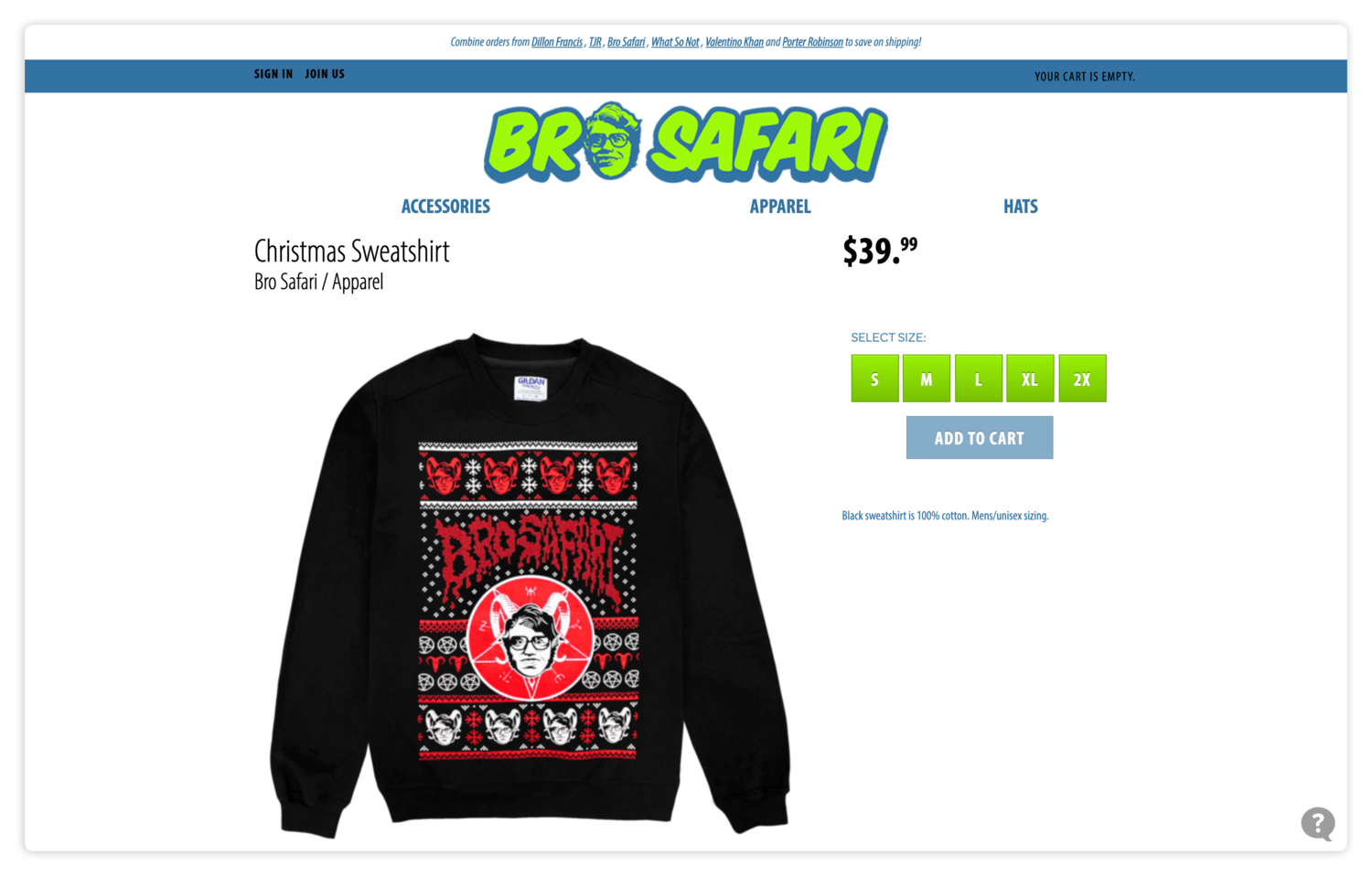 Funny Christmas sweatshirt featuring Bro Safari, musical artist, holiday themed apparel, black unisex sweatshirt, music festival merchandise, gift idea for music fans.