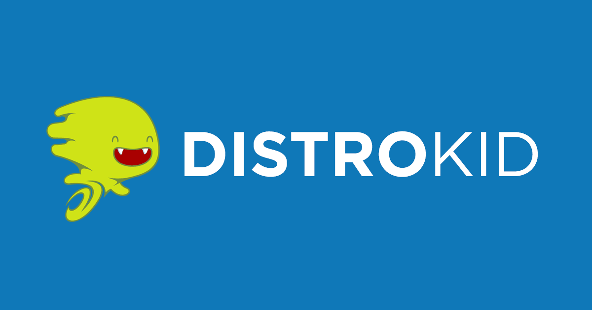 Cute green DistroKid mascot character with a happy face on a blue background, promoting digital music distribution and streaming services.