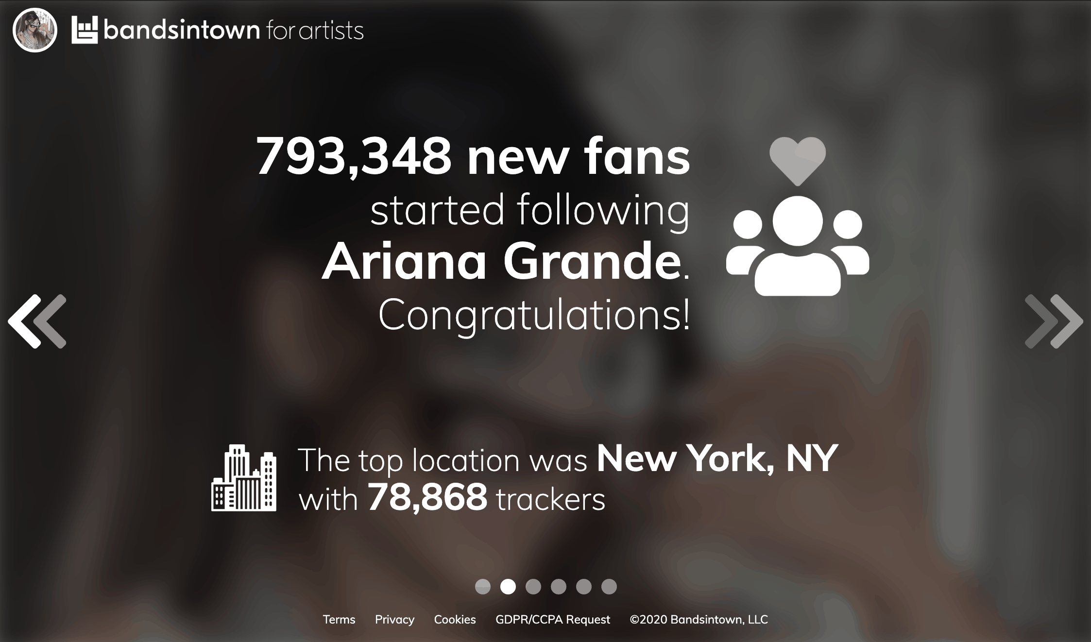 793,348 new fans gained on Bandsintown for artist Ariana Grande, highlighting social media growth and music fan engagement.