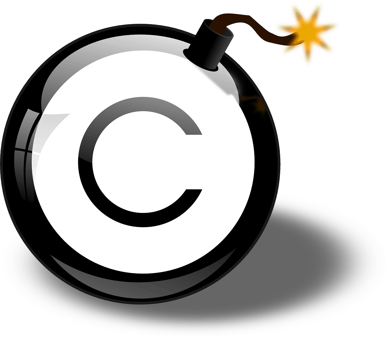 Bomb with copyright symbol, digital illustration, representing copyright infringement or music rights concerns, on a neutral background.