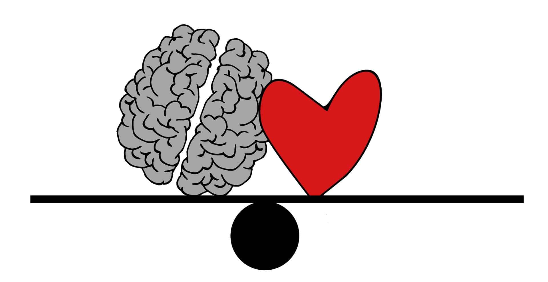 Brains and heart illustration representing balance between intellect and emotion, digital artwork for mental health, emotional well-being, and cognitive science themes.
