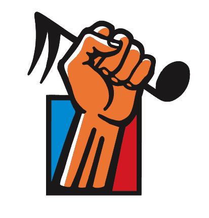 Fist raised in a protest or solidarity gesture with a microphone, symbolizing activism and public speaking.