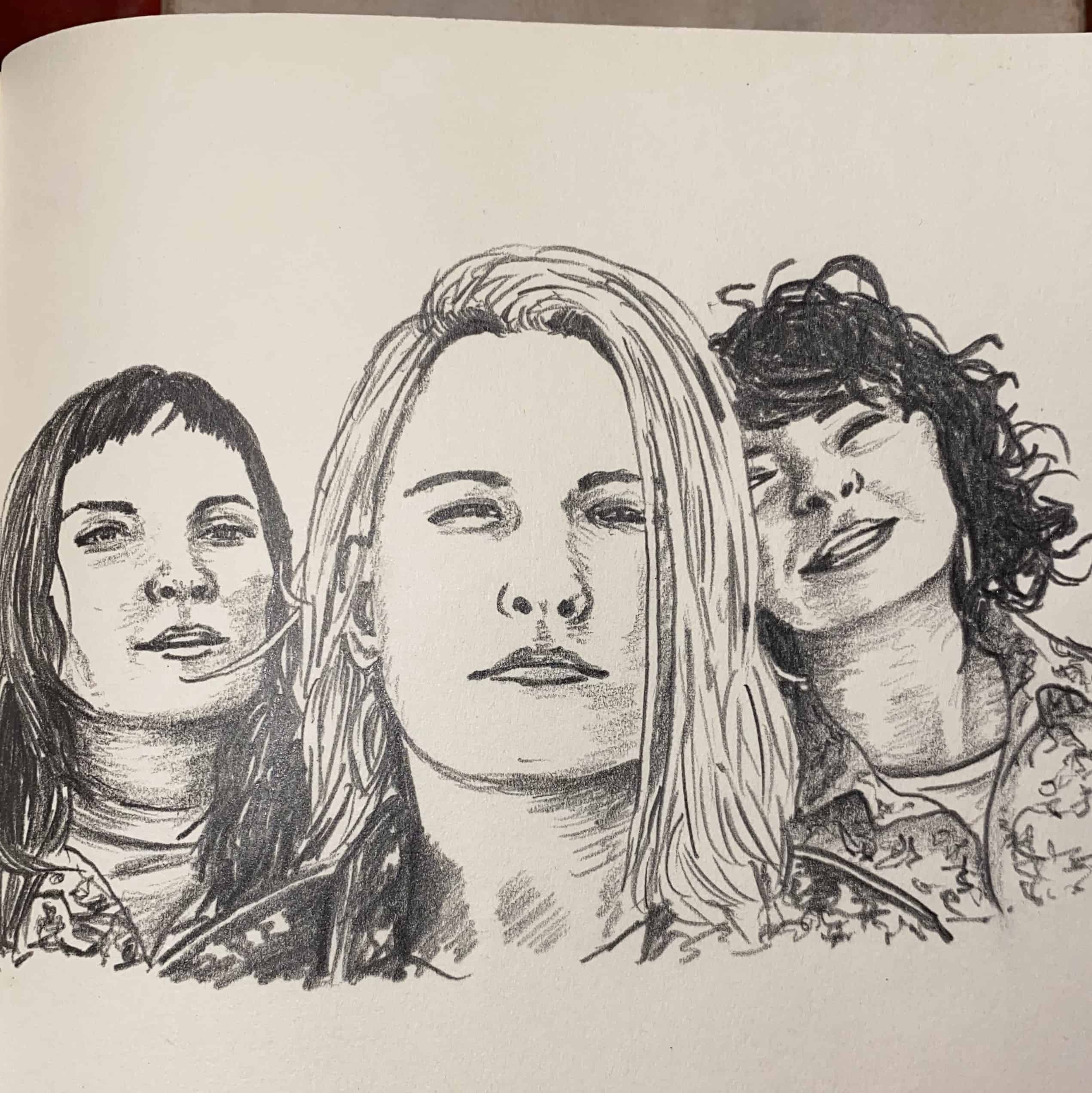 Portrait sketch of three women in black and white, representing diversity and empowerment, exploring themes of women in music and culture for SEO-focused imagery.