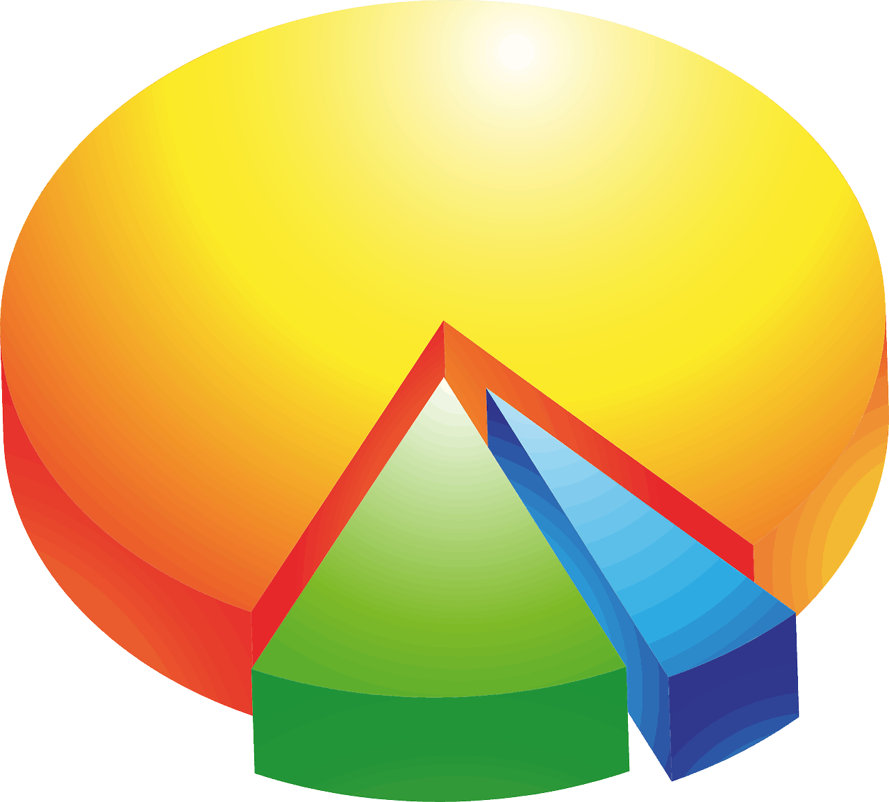 Bright 3D pie chart illustrating market share distribution with vibrant colors including yellow, orange, green, and blue, ideal for business, finance, and data presentation contexts.