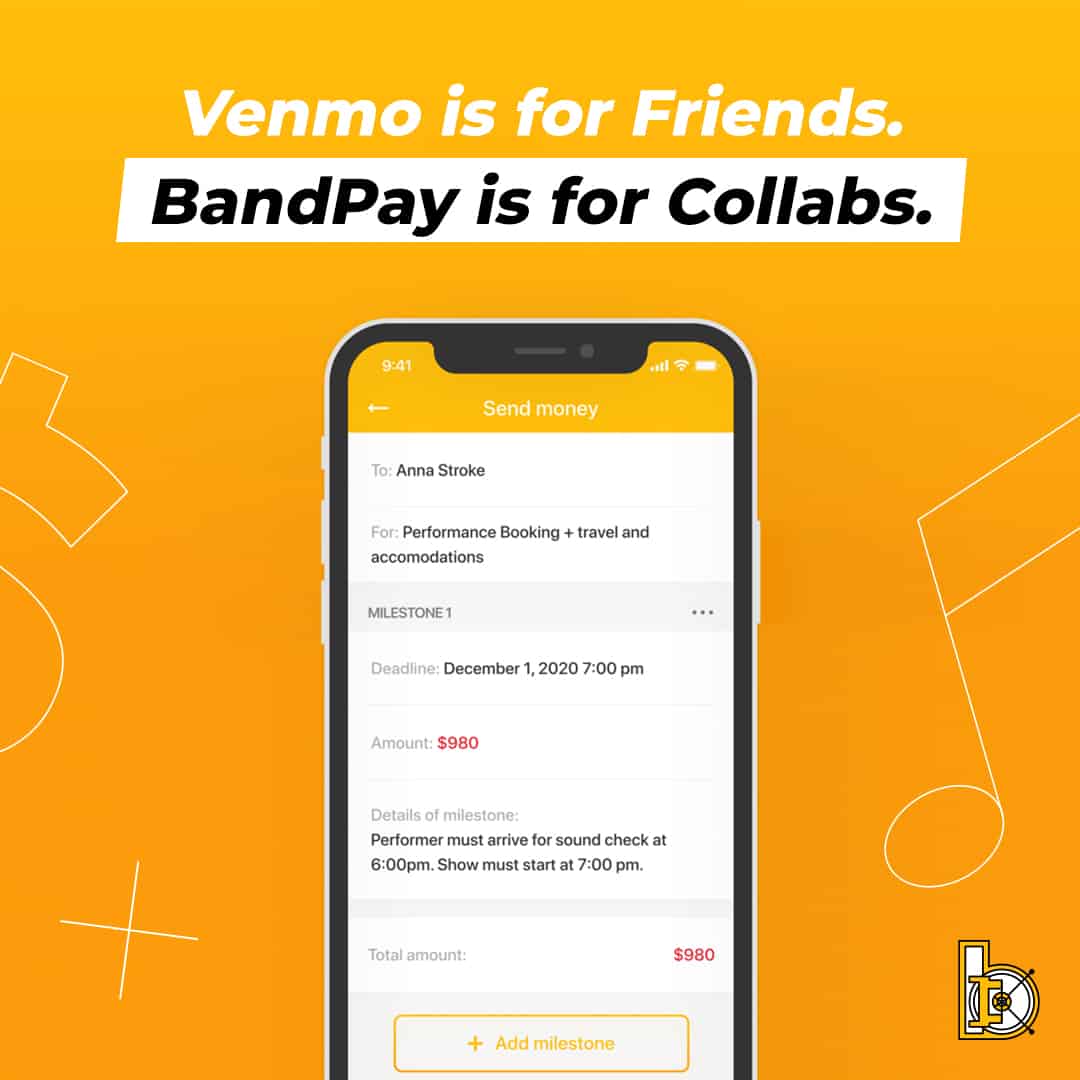 Venmo and BandPay mobile payment apps for peer-to-peer transfers, online transactions, and collaborations, shown on a smartphone screen, highlighting financial tech solutions.