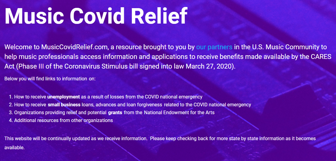 Relief for musicians during Covid pandemic with resources for unemployment, small business loans, and federal grants from MusicCovidRelief.com.