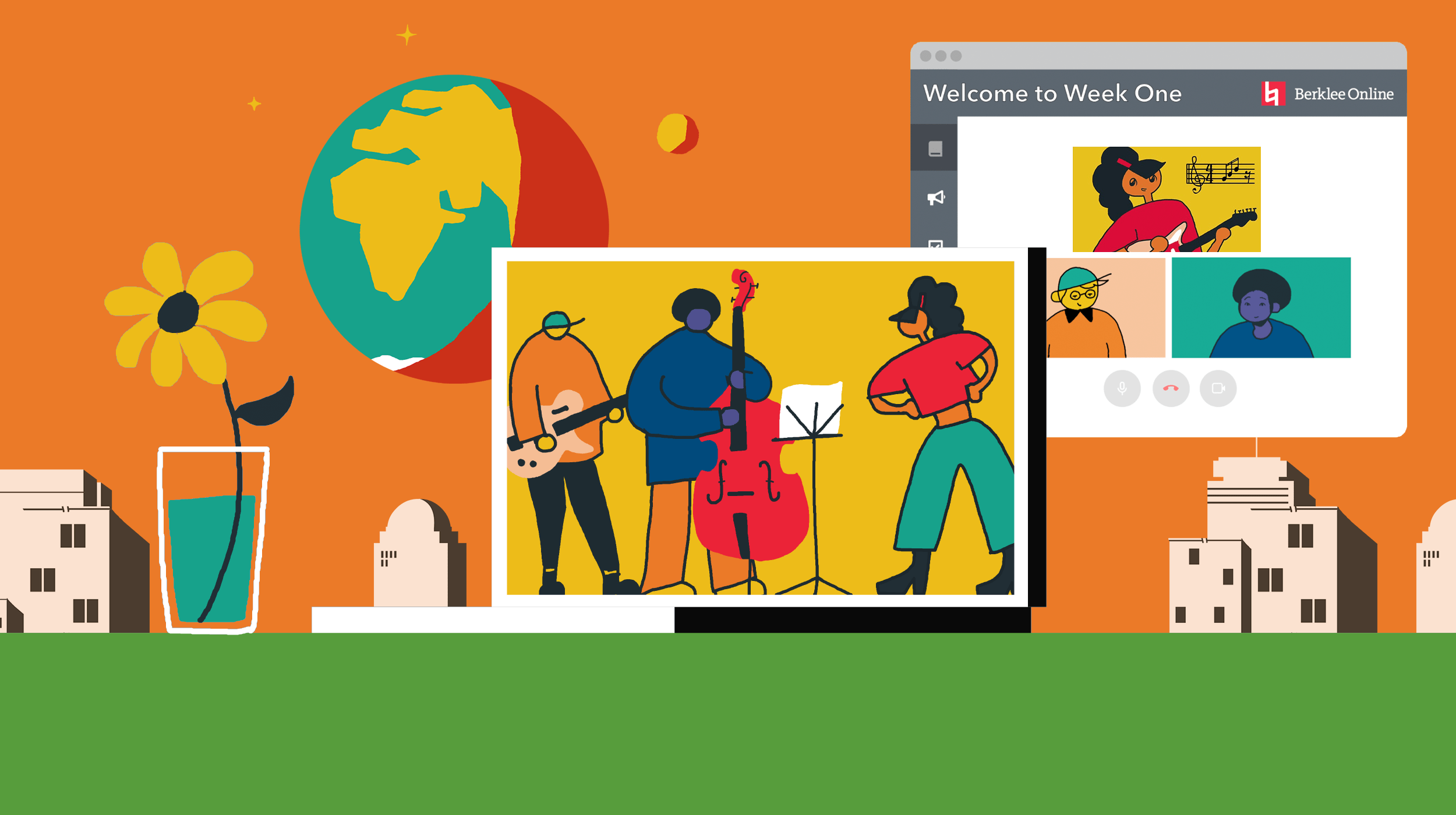 Music collaboration virtual meeting with musicians playing instruments and video call interface; modern online platform for music creators.