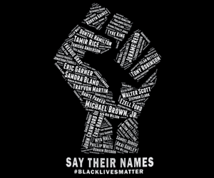 Handmade collage of Black Lives Matter protesters’ names in the shape of a raised fist, symbolizing solidarity and activism against racial injustice.