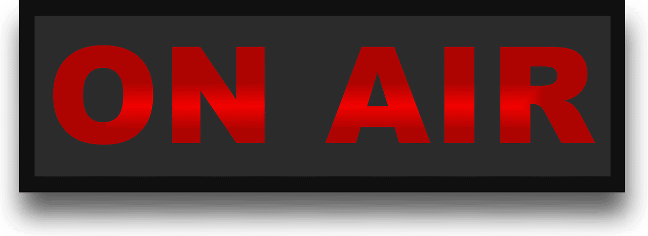 On Air broadcast sign for radio and podcast streaming, digital communication, live show, audio production, media broadcasting, Hypebot.