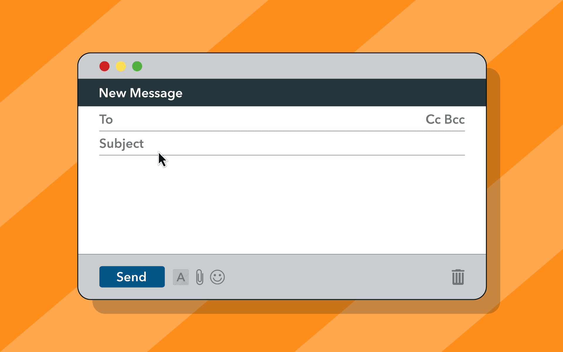 A digital illustration of a message email interface with "New Message" title, a "Send" button, and icons for attachments and emojis, representing online communication tools.
