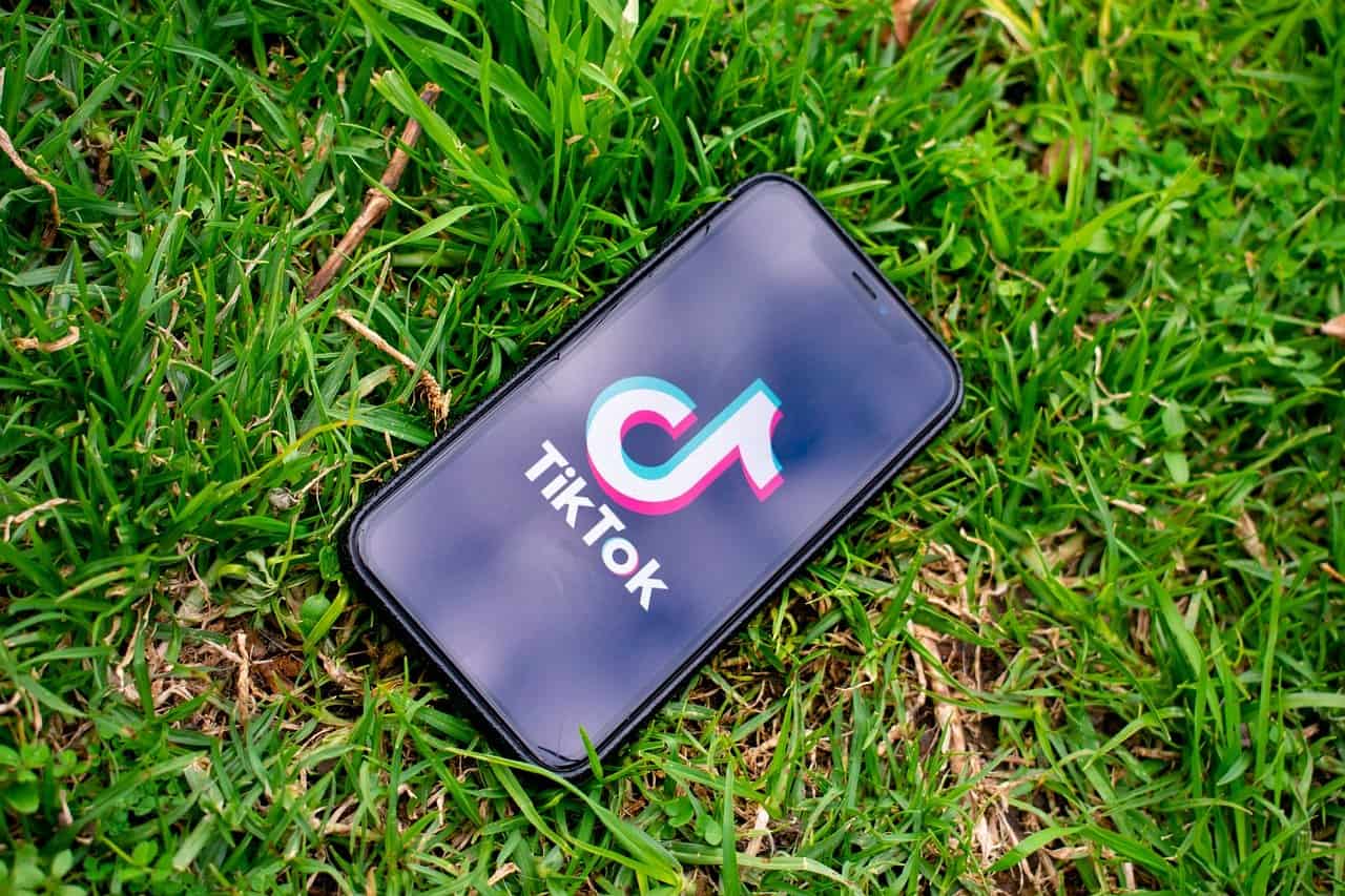 TikTok logo displayed on a smartphone lying on lush green grass.
