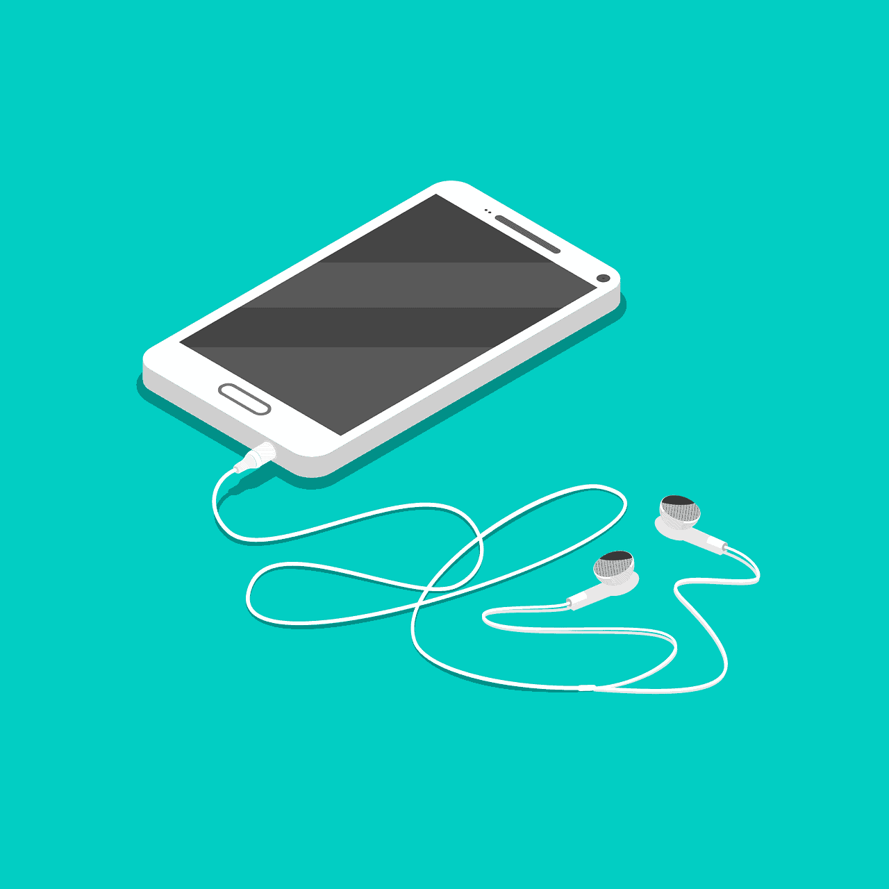 Earbuds connected to smartphone illustrating music streaming and digital audio content.