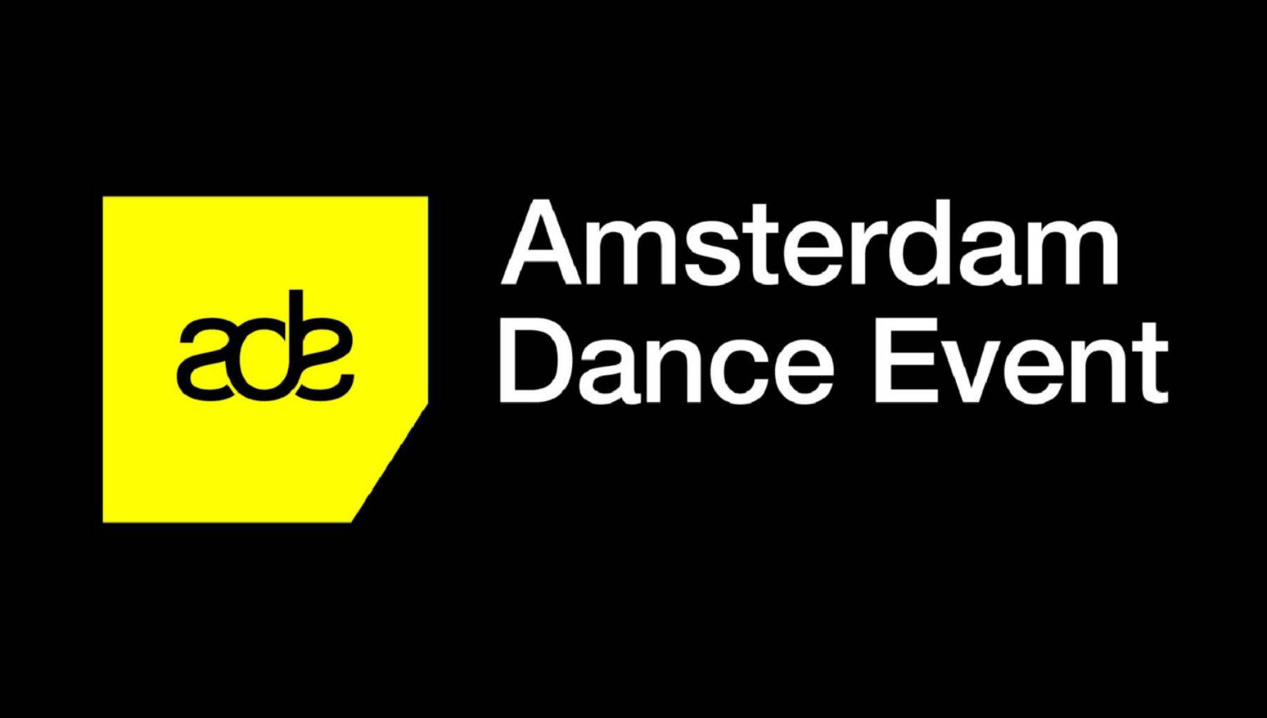 Bright yellow logo of Amsterdam Dance Event with bold black and white text highlighting electronic music festival and nightclub scene.