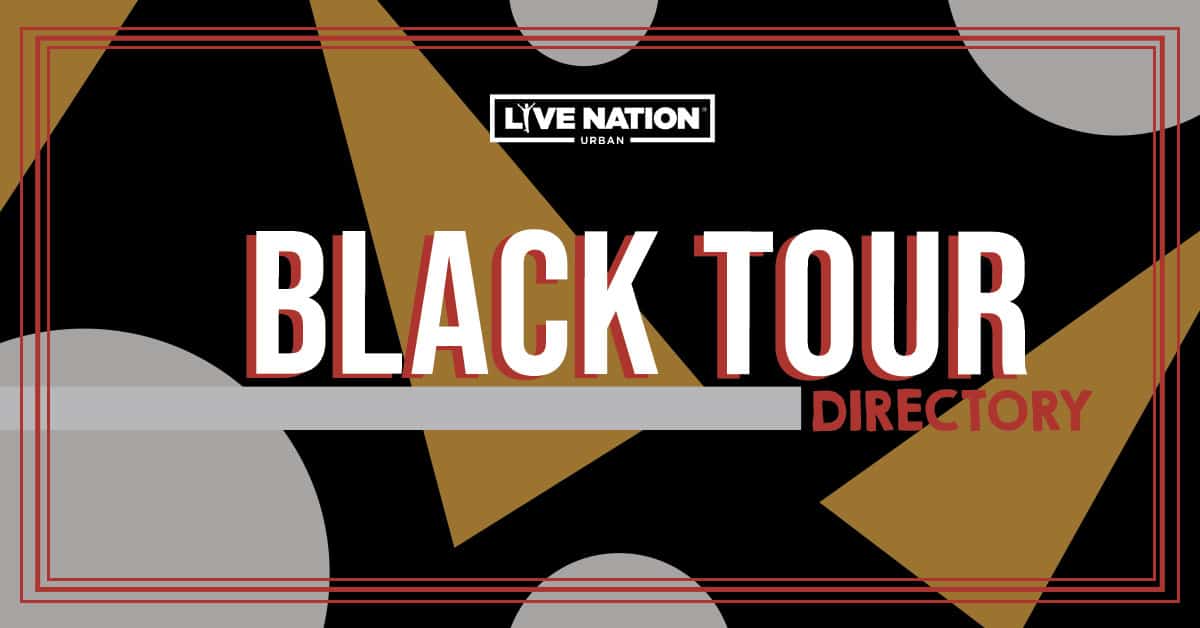 Black Tour Directory digital graphic with bold typography and abstract geometric shapes, highlighting live music events, artist listings, and concert info for the Black music tour.